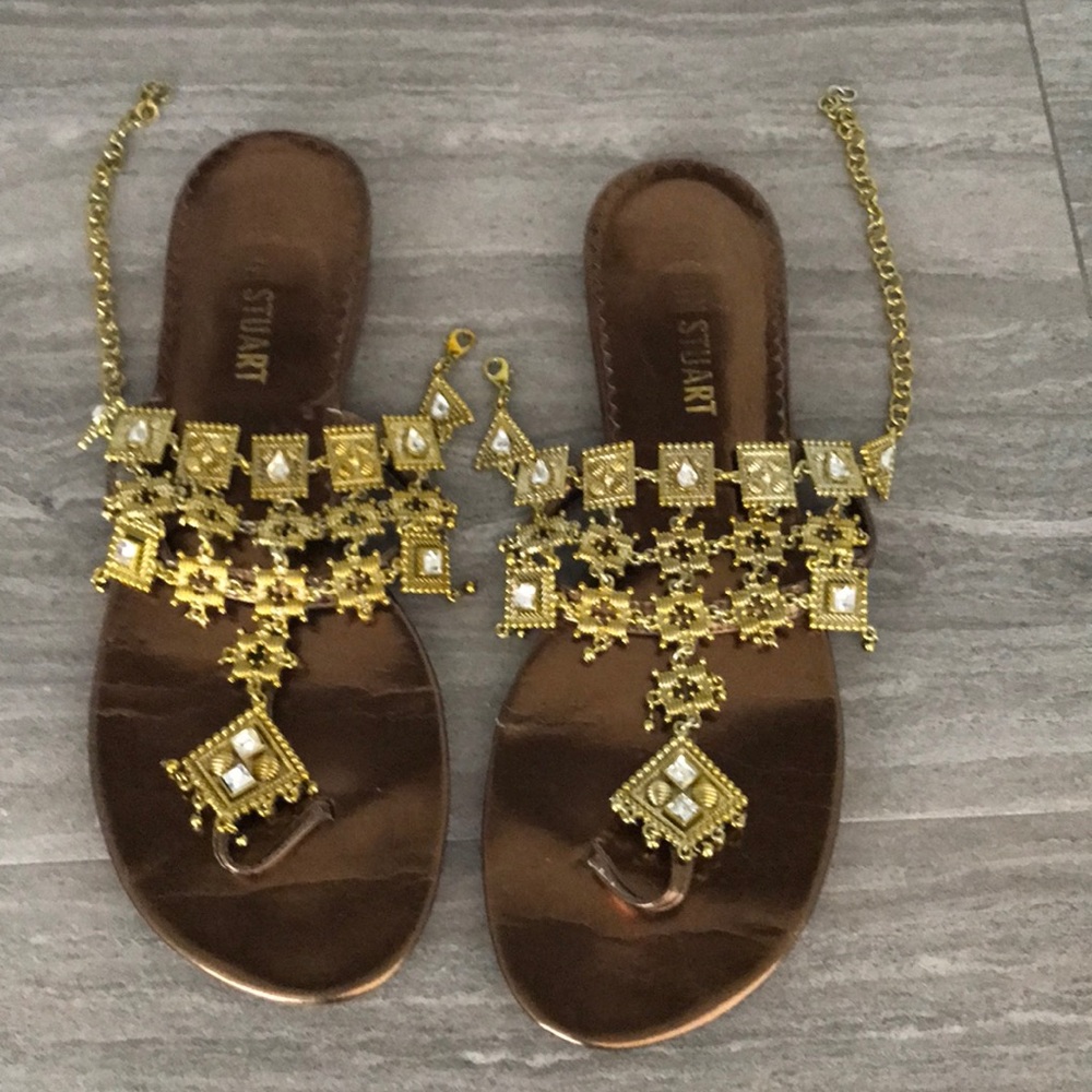 Colin Stuart Bronze & Gold Jeweled Thong Sandals